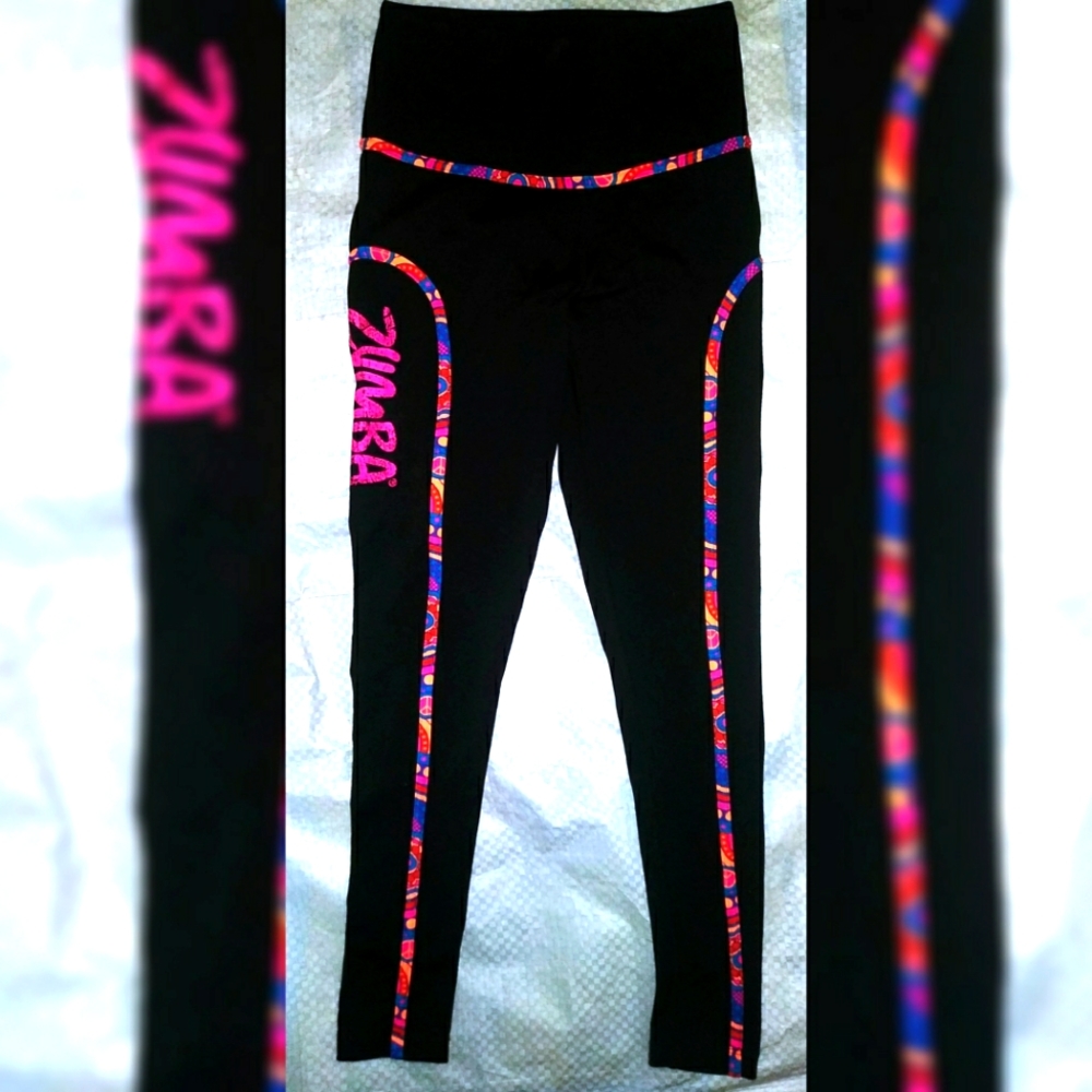 Zumba High Waisted Piped Ankle Leggings size Small Spicy Black Excellent